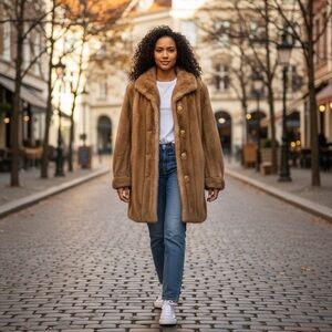 Vintage 70s Dubrowsky & Perlbinder Faux Fur Coat Brown Mid-Length NYC Designer